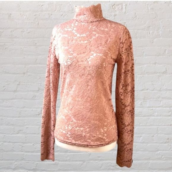 Pink stretchy long sleeve mock turtleneck lacy sheer blouse/top size medium - Picture 1 of 10